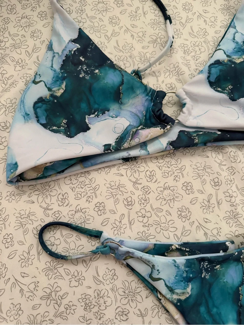 Women’s Teal Marble Print Triangle Bikini